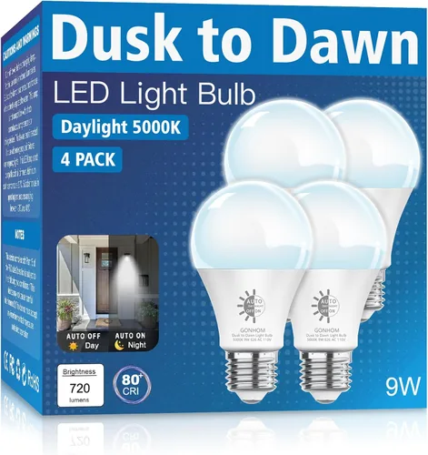 Vista 10 de Gonhom Paquete de 2 Bombillas de Luz del Atardecer al Amanecer para Exteriores, Blanco Cálido 2700K, 720LM, 9W (Equivalente a 60W) A19 E26 Bombillas