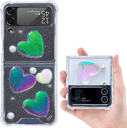 Vista 8 de Funda para Samsung Galaxy Z Flip 3 con purpurina, bonita funda transparente con diseño, brillante, reflectante, con destellos, cubierta de teléfono