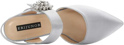 Vista 4 de ERIJUNOR Zapatos de tacón medio para mujer, con punta puntiaguda, broche de diamantes de imitación, zapatos de vestir de satén, zapatos de noche
