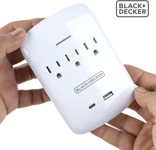Vista 5 de BLACK+DECKER Protector contra sobretensiones de montaje en pared, 3 tomas, 2 puertos USB Carga USB-C, luz indicadora, apagado automático, diseño