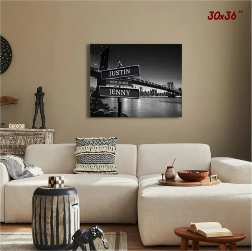 Vista 9 de CP CANVASPATH Letrero de calle con el nombre de la pareja y la fecha, impresiones personalizadas en lienzo del puente de Manhattan por la noche