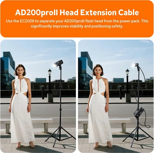 Vista 3 de Godox EC200 II - Cabezal de extensión para flash Godox AD200Pro II, extensor de cabeza de 200 W con cable de extensión de 2M, zapata fría de metal