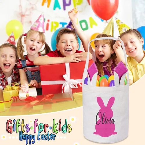 Vista 4 de Cesta de Pascua personalizada, cestas de Pascua moradas para niños, cestas de Pascua personalizadas con nombre, cestas de caza de huevos de Pascua