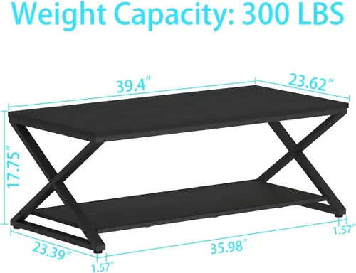 Vista 2 de HSH Mesa de sala de estar de madera de metal minimalista moderna negra con estante de almacenamiento, mesa central rectangular de 39 pulgadas y 2