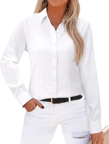 Vista 30 de Gleeivy - Camisas abotonadas para mujer, sin arrugas, de manga larga, camisas de vestir casuales con cuello V, ajustadas, de un solo
