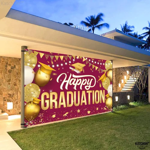 Vista 8 de KatchOn, Cartel de feliz graduación granate y dorado XL, 72 x 44 pulgadas Fondo de graduación 2025, decoraciones de graduación clase de 2025