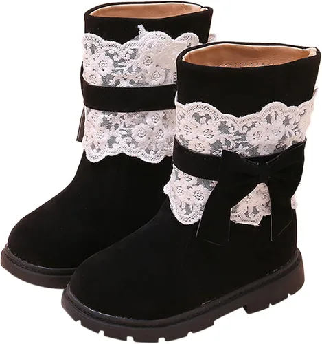 Vista 4 de Baby Girls Snow Boots Kids Booties Non-Slip Princess Shoes Toddler Winter Warm Prewalker Lace Bow Shoes Fleece Footwear