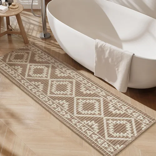 Vista 8 de PADOOR -Tapete de baño de punto gofre, súper absorbente, lavable a máquina, antideslizante, con borlas, tapete de baño suave para lavandería, Marrón