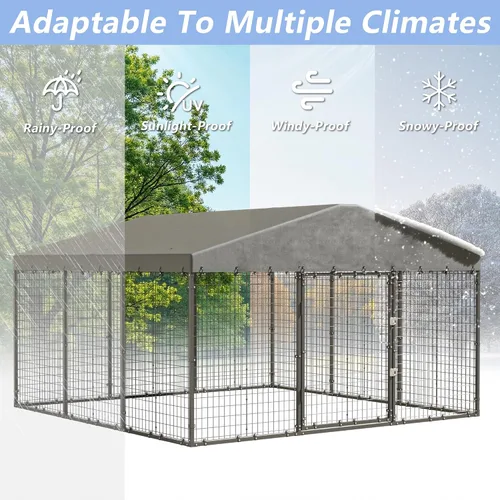 Vista 4 de Perrera grande para perros de 10 x 10 x 6 pies, jaula resistente con doble cerradura, perrera para perros al aire libre con cubierta impermeable