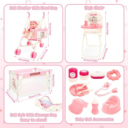 Vista 7 de deAO Juguetes de Cochecito de Muñeca Bebé con Muñeca Bebé de 12" Accesorios Cama de Cuna Silla Alta Conjunto de Juego de Roles de Guardería Tapete