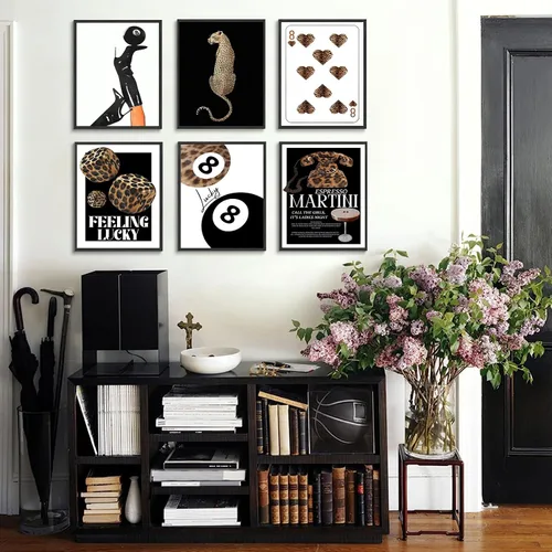 Vista 2 de 6 piezas de arte de pared de leopardo de moda Funky Lucky 8 pósteres de bolas negras para piscina, decoración de pared de guepardo, decoración