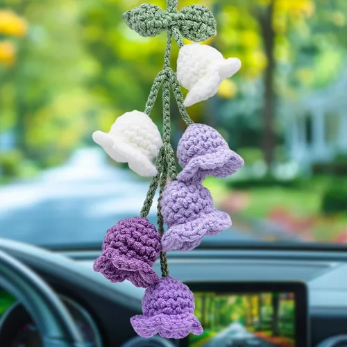 Vista 18 de Accesorios para colgar espejos de automóvil, colgante de flor de lirio tejido hecho a mano, bonita decoración colgante de ganchillo para espejo