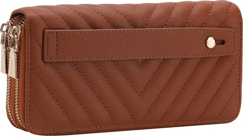 Vista 2 de Cartera de piel vegana con doble cremallera y correa de sujeción de mano, Chevron Bordado Marrón