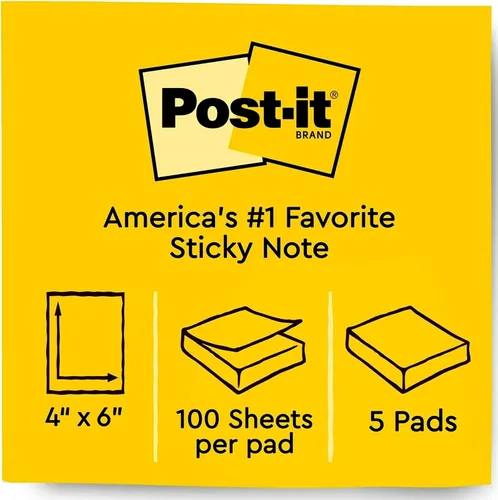 Vista 2 de Post-it Notas, 4 x 6 pulgadas, 5 blocs de notas adhesivas forradas, 100 hojas por bloc, amarillo canario, The Original Post-it Note, suministros