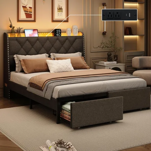 Vista 12 de Marco de cama completa con 4 cajones y cabecera de almacenamiento, marco de cama de plataforma tapizada tamaño completo con luces LED y práctica