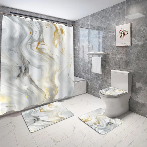 Vista 7 de Juego de 4 cortinas de ducha de mármol de lujo, juegos de baño con cortina de ducha, alfombra de tapa de inodoro, tapete de contorno y tapete