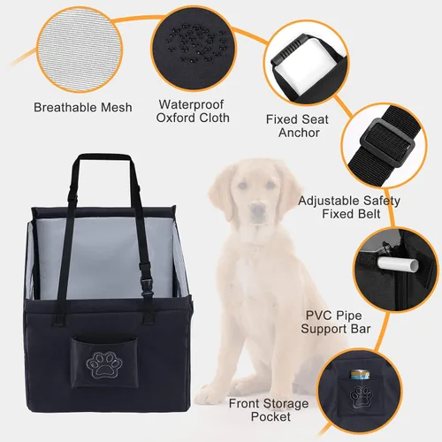 Vista 4 de Asiento de automóvil para perros para viajes de mascotas con almohadilla impermeable, hamaca para perro de medio asiento, gancho para arnés, malla