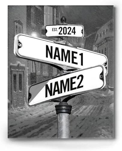 Vista 20 de Lienzo de letrero de calle vintage personalizado para parejas, nombre y fecha personalizados con tema de nube en blanco y negro, regalo de boda