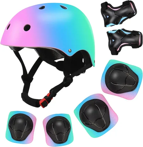 Vista 8 de Casco de bicicleta ajustable con gradiente de color para niños con set de rodilleras y coderas Equipo de seguridad multideporte para niños y niñas