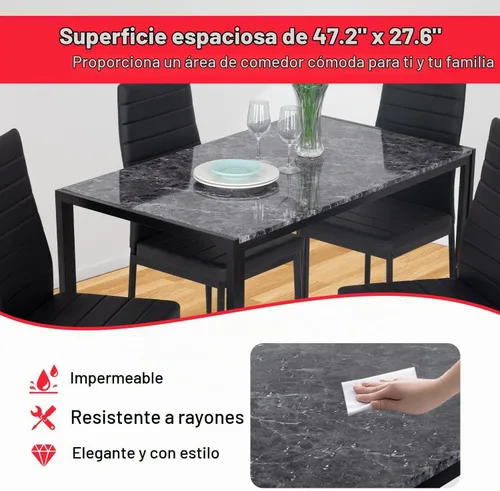 Vista 3 de Juego de mesa y sillas de comedor PayLessHere, moderna mesa rectangular de mármol con tapa y 4 sillas de cuero PU para comedor y cocina, mármol negro
