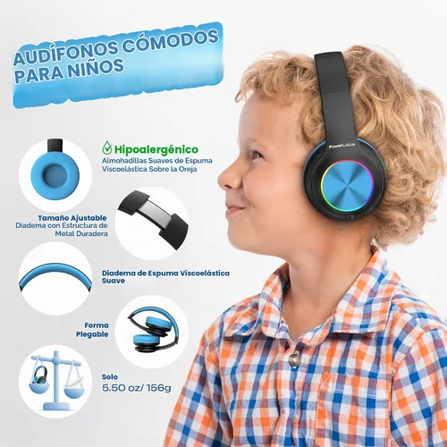 Vista 4 de PowerLocus PLED Auriculares Bluetooth para Niños, Auriculares Inalámbricos para Niños con Luces LED, Volumen Seguro de 74/85/94dB, Micro SD, Cable