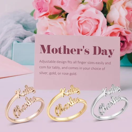 Vista 5 de Anillo personalizado con doble nombre para mujer, anillo de oro personalizado con nombres, anillos de promesa para su madre, regalos personalizados