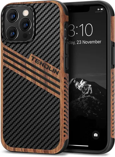 Vista 14 de TENDLIN Compatible con iPhone 13 Pro Max, funda de grano de madera con textura de fibra de carbono, funda híbrida de cuero compatible con iPhone 13