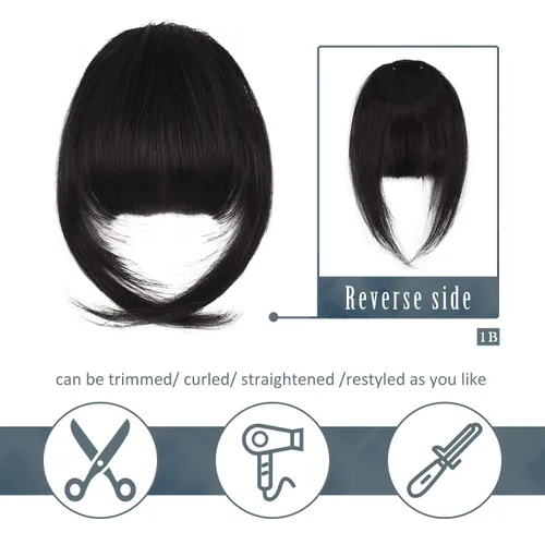 Vista 6 de BARSDAR Clip en flequillo de cabello humano + extensiones de cabello ondulado con clip - Negro