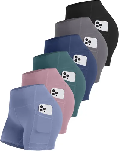 Vista 8 de CHRLEISURE - 6 paquetes de pantalones cortos de mujer estilo biker con bolsillo, pantalones cortos de elastano de control de abdomen de 5 pulgadas