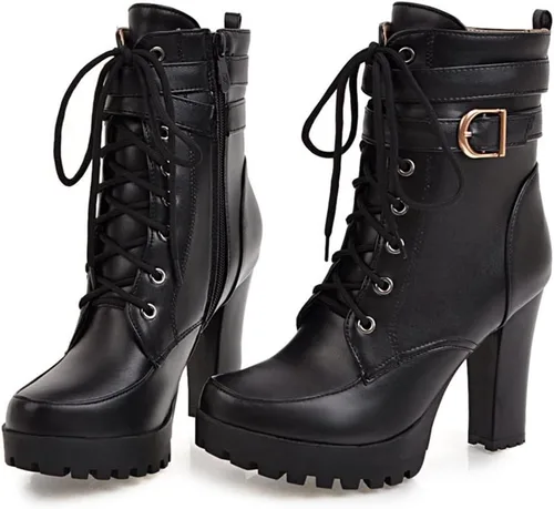 Vista 4 de MIOKE Botines de tacón alto con plataforma y puntera redonda para mujer, con cordones, cremallera y tacón alto grueso, botines cortos Forro