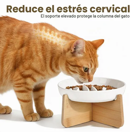 Vista 3 de PETTOM Alimentador lento Cat Bowl de cerámica elevada con soporte de bambú espina de pescado