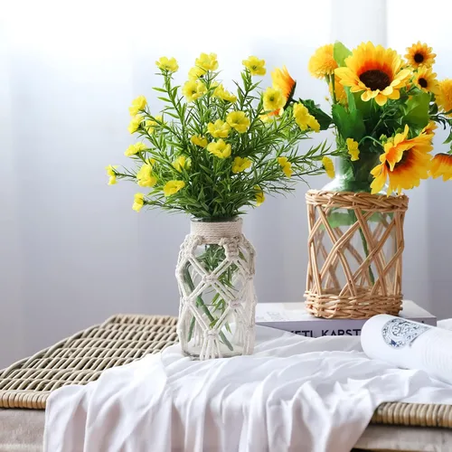 Vista 5 de Floreros con cubierta de cuerda de algodón, florero de vidrio tejido, botella decorativa para comedor, dormitorio, baño, mantel (algodón)