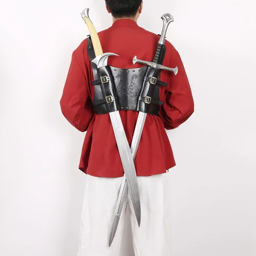 Vista 6 de HZMAN Tótem vikingo medieval espada rana ajustable cuero PU doble espada correa Cosplay Renacimiento LARP