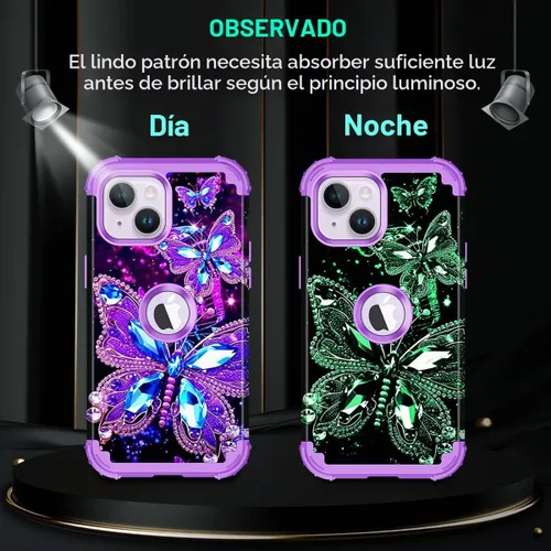 Vista 3 de Miqala Funda compatible con iPhone 13, que brilla en la oscuridad, tres capas, resistente, a prueba de golpes, de plástico duro, funda protectora