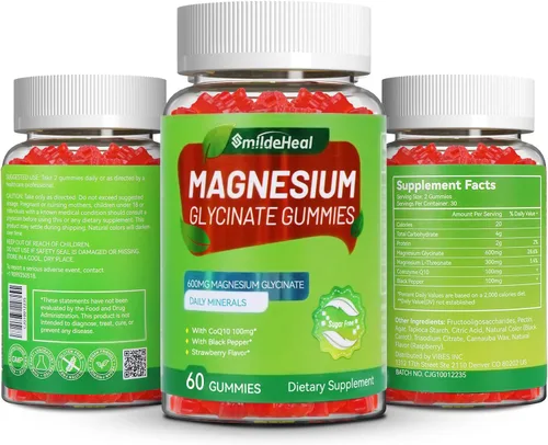 Vista 6 de Gomitas de glicinato de magnesio de 600 mg para mujeres y hombres, con L-treonato de magnesio 300 mg, CoQ10 y pimienta negra, veganas (60 unidades)