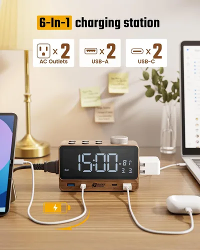 Vista 11 de SUPERDANNY Reloj despertador con PD de 20 W, 4 puertos USB, tira de alimentación de 2 tomas de CA, relojes despertadores digitales para dormitorios