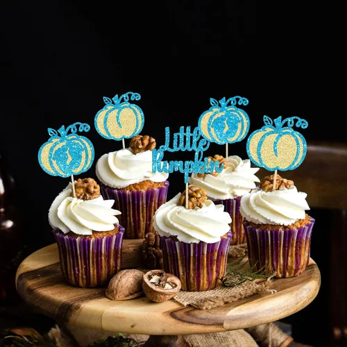 Vista 6 de Gyufise 24 piezas de decoración de cupcakes de calabaza con purpurina para temática de otoño, Acción de Gracias, Halloween, baby shower, niños