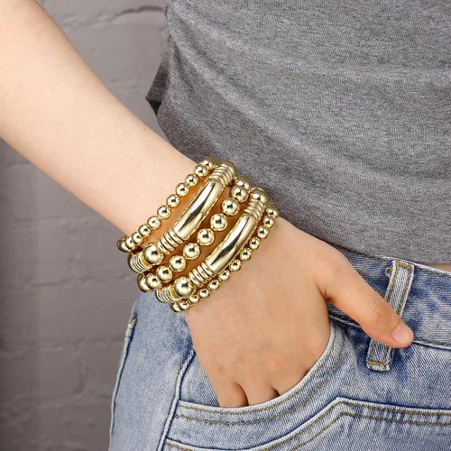 Vista 4 de Brazalete de oro para mujer, grueso, curvado, apilable, chapado en abalorios, pulseras elásticas