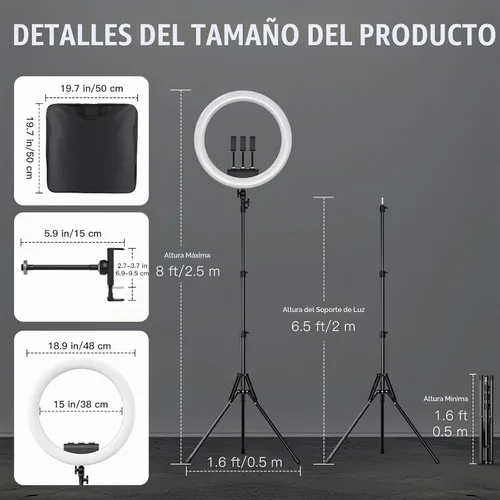Vista 4 de Anillo de luz de 19" con soporte, trípode de 78" y 3 soportes para teléfono 3 modos de color y luz LED regulable de 6500 K, anillo de luz grande