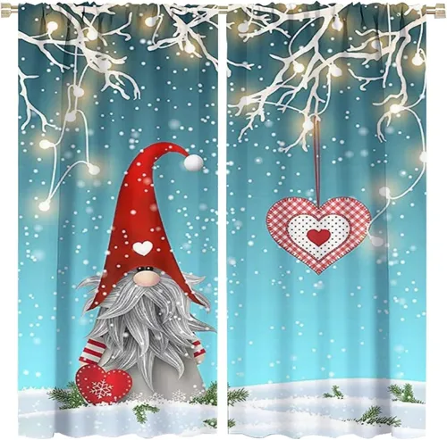 Vista 20 de Cortinas de Navidad de gnomo, bolas de árbol de Navidad, luces, regalos, decoración de tablones para sala de estar, dormitorio, bolsillo para barra
