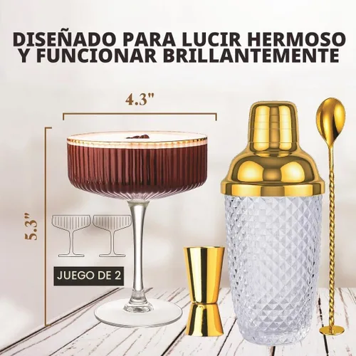 Vista 7 de VEMACITY - Regalos de lujo de Martini Espresso Juego de coctelera dorada + 2 copas de Martini Espresso - Kit de cóctel con colador integrado