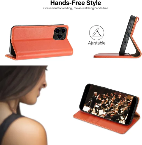 Vista 5 de Utook Funda compatible con iPhone 14 Pro Max, funda magnética de cuero genuino con tapa para teléfono celular con tarjeta de crédito RFID bloqueo a