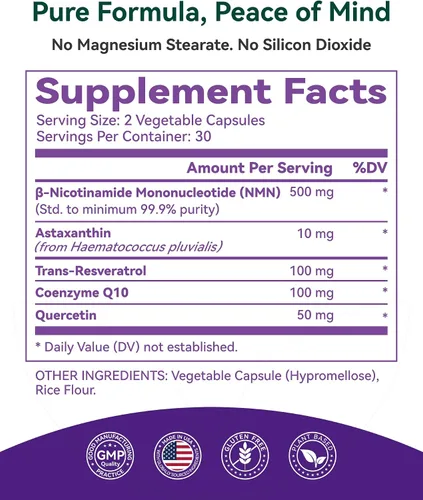 Vista 9 de Inner Brightness Suplemento NMN de 500 mg, 99.9% de alta pureza, soporta niveles de NAD+ y energía celular, fórmula 5 en 1 con resveratrol