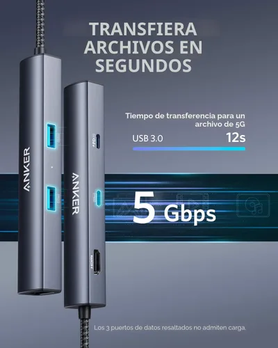 Vista 6 de Anker - Hub USB C 6 en 1 con entrega de energía de 65W, HDMI 4K, Ethernet de 1 Gbps, puertos USB para MacBook Air, iPad Pro, XPS y más