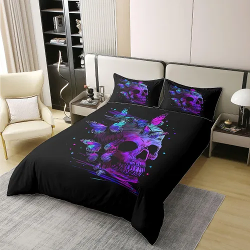 Vista 2 de Erosebridal Juego de funda de edredón 100% algodón con diseño de calavera morada, diseño de mariposa psicodélica retro, funda de edredón gótica