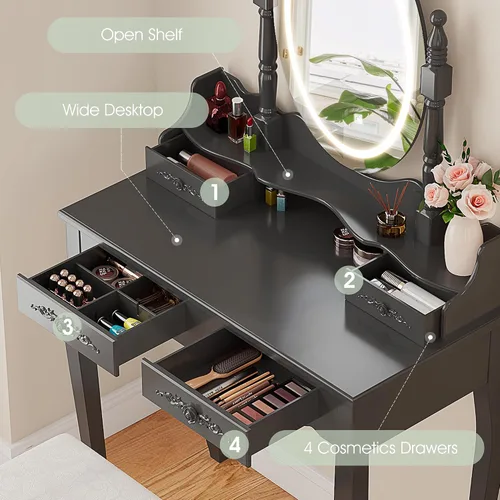 Vista 3 de Escritorio de tocador con espejo y luces, mesa de maquillaje moderna y taburete acolchado con 4 cajones, 3 modos de iluminación de color con brillo