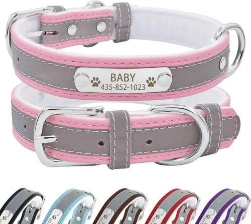 Vista 18 de Collar de perro de cuero reflectante personalizado con forro cálido, collar de perro personalizado con placa de nombre grabada para perros y gatos