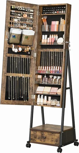 Vista 9 de SONGMICS UJJC004X01 - Organizador de joyas con cerradura con espejo de longitud completa, cajón inferior, estante, ruedas, regalos de Navidad