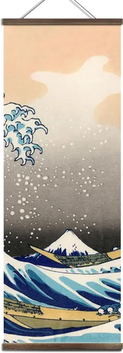 Vista 5 de jszip Rollo retro japonés de onda Ukiyo-e, pintura colgante de madera, 39.76 x 15.75 pulgadas