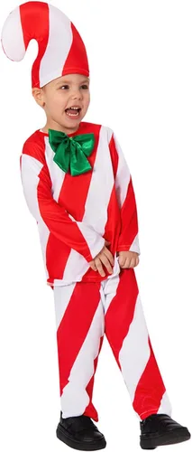 Vista 4 de galeeup Disfraz de bastón de caramelo para niños, caja de regalo para niños, traje de Navidad para cosplay, parte superior, pantalones, sombrero